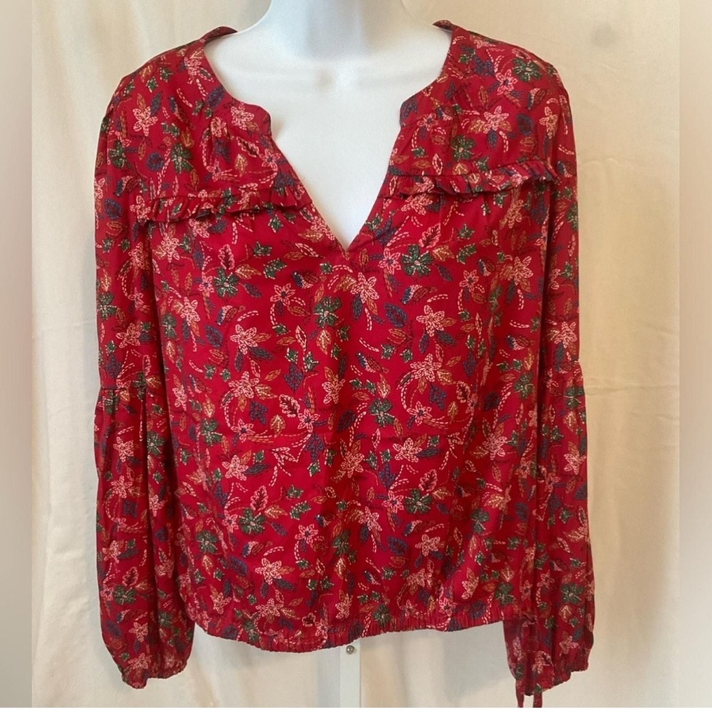 LOFT Red Floral Ruffled V-Neck Blouse